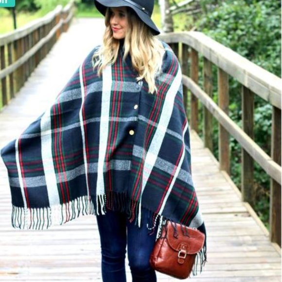 PS Accessories - Button Front Navy Plaid Scarf Shawl